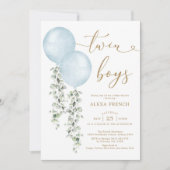 Invitation Twin Boys Dusty Blue Balloon Baby shower de verdur (Devant)