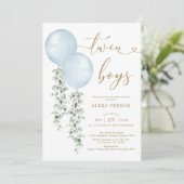Invitation Twin Boys Dusty Blue Balloon Baby shower de verdur (Debout devant)