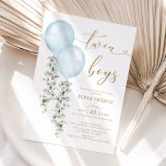 Invitation Twin Boys Dusty Blue Balloon Baby shower de verdur<br><div class="desc">Cette élégante invitation au baby shower comprend des eucalyptus verts à la sauge douce,  des ballons bleu aquarelle et des lettres modernes.</div>