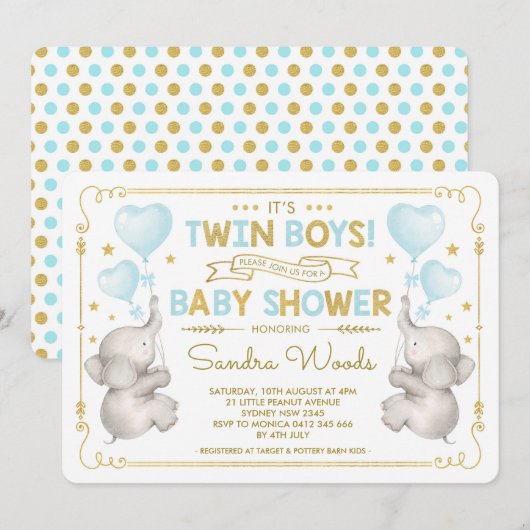 Invitation Twin Boys Elephant Baby shower Blue Gold Jungle (Devant / Derrière)