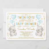Invitation Twin Boys Elephant Baby shower Blue Gold Jungle (Devant)