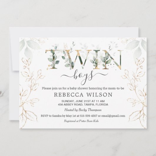 Invitation Twin Boys Green & Gold Foliage Baby shower (Devant)