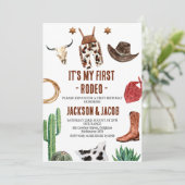 Invitation Twin Boys My First Rodeo Cowboy 1er anniversaire (Debout devant)