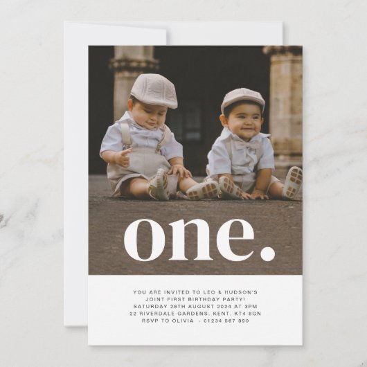 Invitation Twin Boys - One - Photo 1er anniversaire Invitatio (Devant)