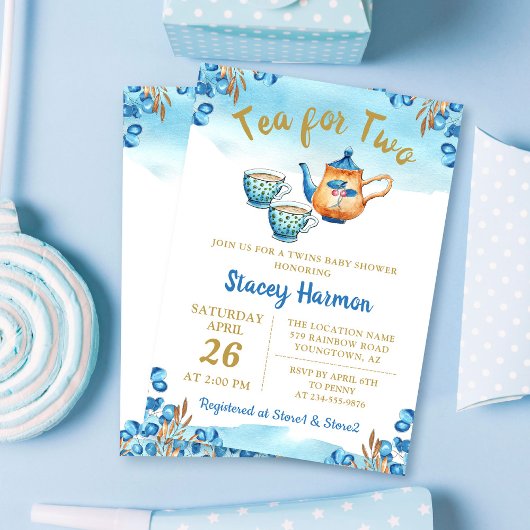 Invitation Twin Boys Tea Party Baby shower d'aquarelle bleu