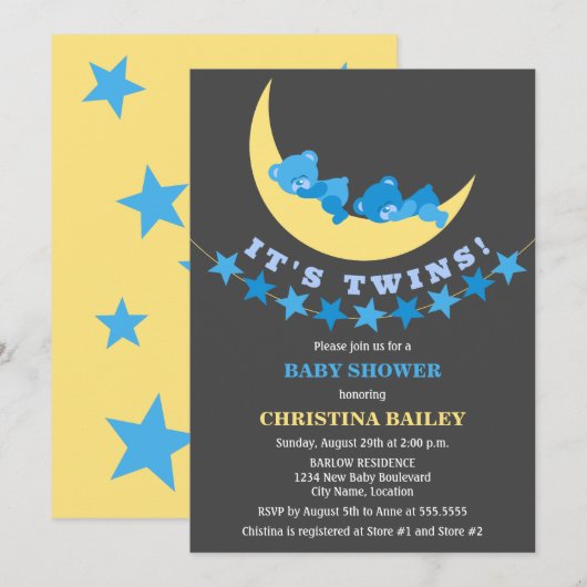 Invitation Twin Boys Teddy Bear Baby shower (Devant / Derrière)