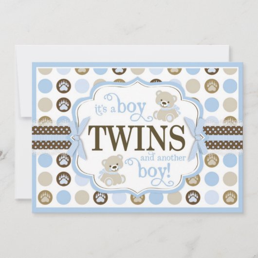 Invitation Twin Boys Teddy Bear Baby shower Blue (Devant)