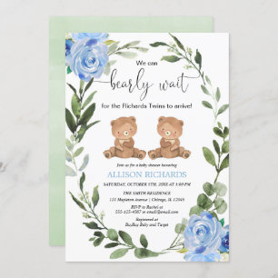 Invitation Twin boys teddy ours vert bleu baby shower floral