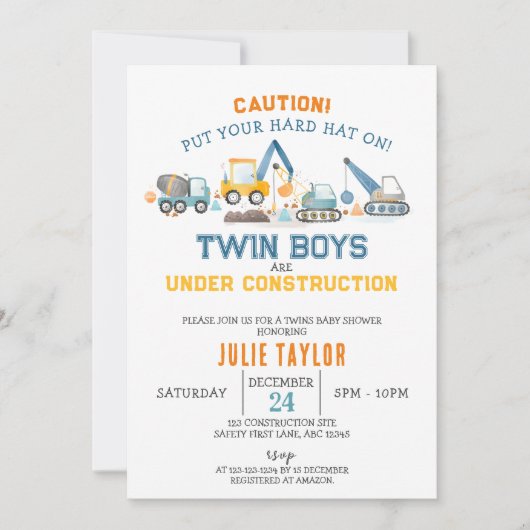 Invitation Twin Boys under Construction, Digger Baby Shower (Devant)