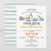 Invitation Twin Boys under Construction, Digger Baby Shower (Devant / Derrière)