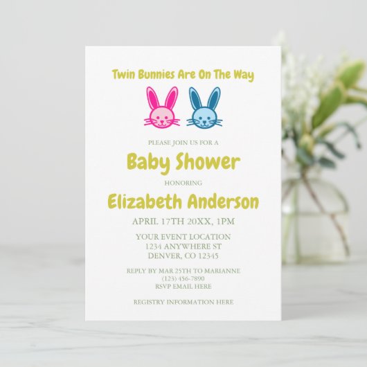 Invitation Twin Bunnies Sur Le Chemin Baby shower (Debout devant)