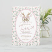 Invitation Twin Bunny Pink Roses Girl Baby Shower (Debout devant)