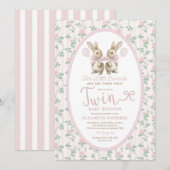 Invitation Twin Bunny Pink Roses Girl Baby Shower (Devant / Derrière)
