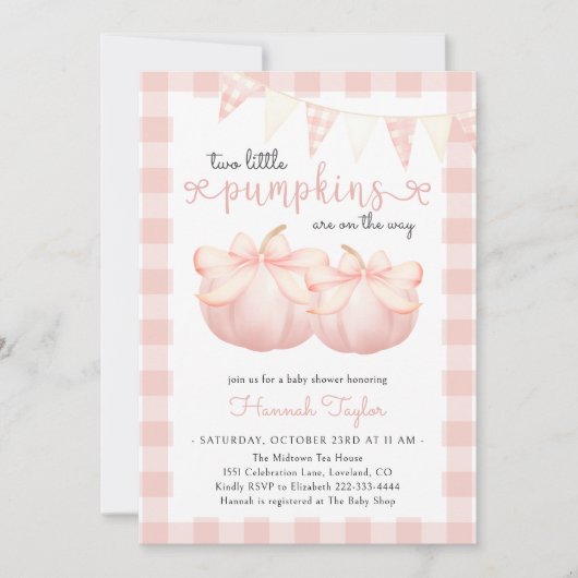 Invitation Twin Deux Petit Baby shower Citrouille Rose Bow (Devant)