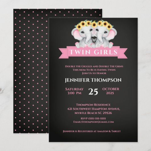 Invitation Twin Elephant Baby shower de tournesol Chalkboard (Devant / Derrière)