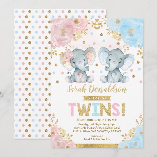 Invitation Twin Elephant Baby shower garçon & fille jumeaux (Devant / Derrière)