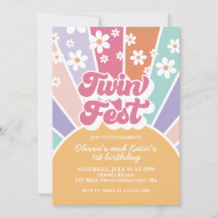 Invitation Twin Fest Rainbow Sunshine Daisy 1er anniversaire