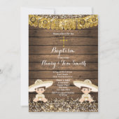 Invitation Twin Fiesta Boy Twin Baptême Christening Wood (Devant)