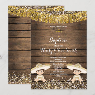 Invitation Twin Fiesta Boy Twin Baptême Christening Wood