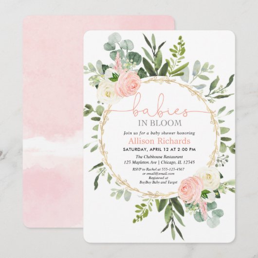 Invitation Twin filles bébés en fleurs doré rose verdure (Devant / Derrière)