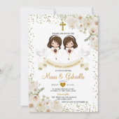Invitation Twin Fleur blanche 1ère Sainte Communion Or (Devant)