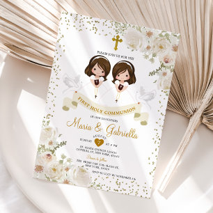Invitation Twin Fleur blanche 1ère Sainte Communion Or