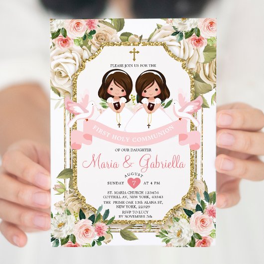 Invitation Twin Fleurs roses Première Sainte Communion Or