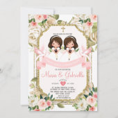 Invitation Twin Fleurs roses Première Sainte Communion Or (Devant)