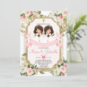 Invitation Twin Fleurs roses Première Sainte Communion Or (Debout devant)