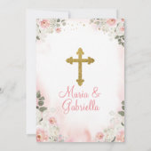 Invitation Twin Fleurs roses Première Sainte Communion Or (Dos)