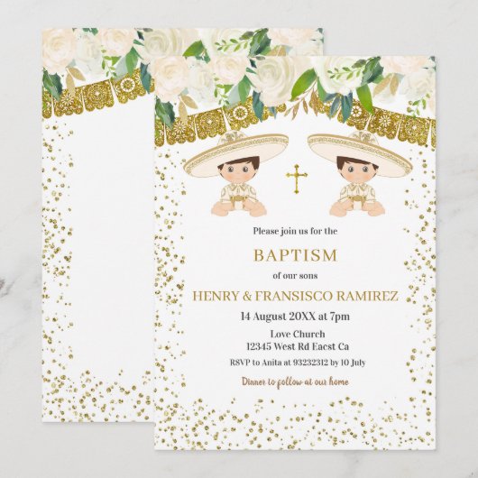 Invitation Twin Floral Gold Fiesta Boy Baptism Christening (Devant / Derrière)