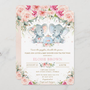 Invitation Twin Girl Elephant Rose Floral Tea Baby shower