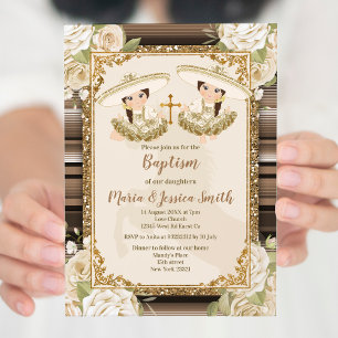 Invitation Twin Girl Mexicaine Baptême Fiesta Floral