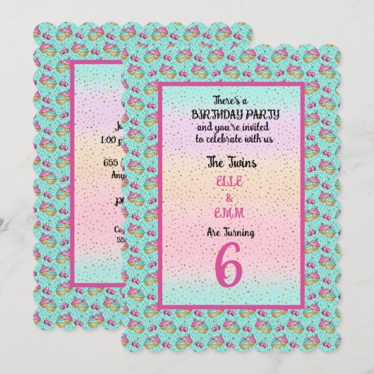 Invitation Twin Girls 6e fête d'anniversaire (Devant / Derrière)