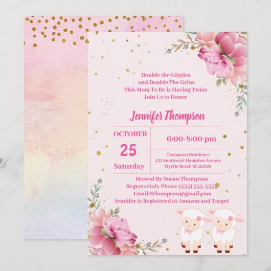 Invitation Twin Girls Agneaux roses (Devant / Derrière)