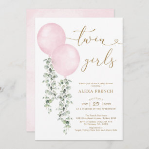 Invitation Twin Girls Baby shower à ballons roses aquarelles