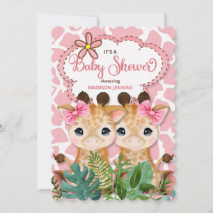 Invitation Twin Girls Baby shower Jungle Giraffe rose