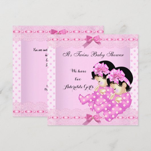 Invitation Twin Girls Baby shower Pois roses (Devant / Derrière)
