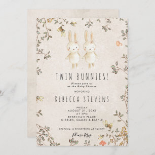 Invitation twin girls bunny fleur sauvage baby shower invitat