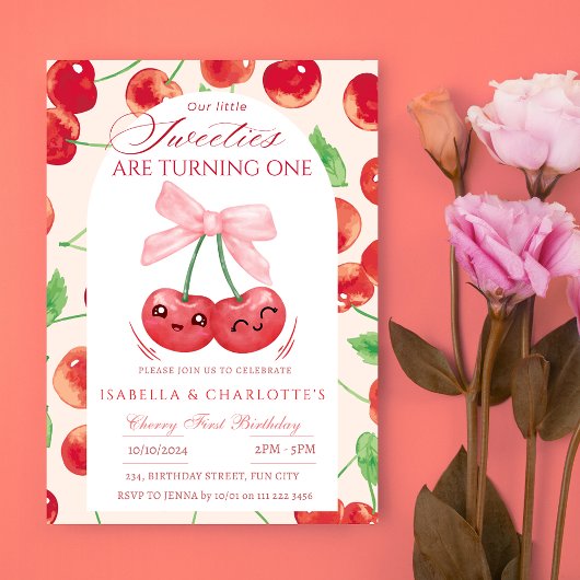Invitation Twin Girls Cherry First 1st N'importe quel âge Ann