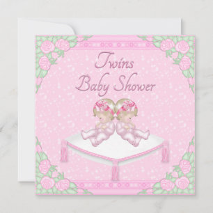 Invitation Twin Girls, Cushion and Roses Pink Baby shower
