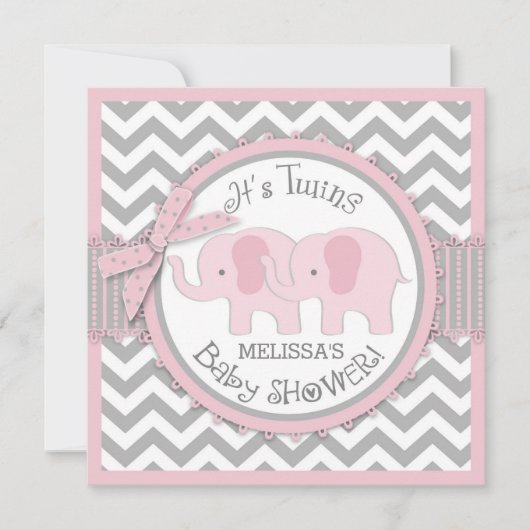 Invitation Twin Girls Elephants Chevron Baby shower d'impress (Devant)