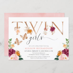 Invitation Twin girls papterfly rose or rose élégant floral