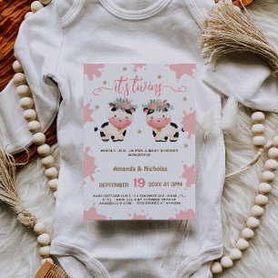 Invitation Twin Girls Pink Boho Saint Baby shower de la vache