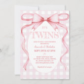 Invitation Twin Girls Pink Ribbon Bow Vintage mignonne (Devant)