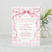 Invitation Twin Girls Pink Ribbon Bow Vintage mignonne (Debout devant)