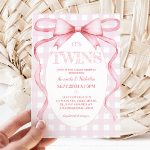 Invitation Twin Girls Pink Ribbon Bow Vintage mignonne
