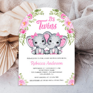 Invitation Twin Girls Rose Floral Elephant Arch Baby shower
