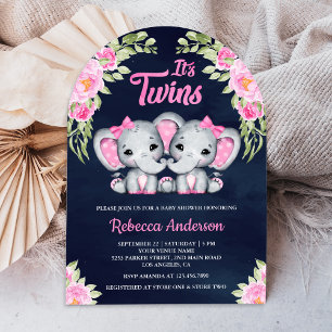 Invitation Twin Girls Rose Floral Elephant Baby shower Marine