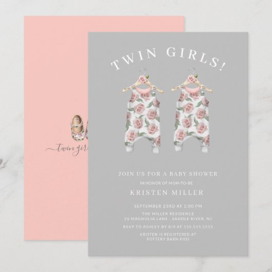 Invitation Twin Girls Rose Romper Baby shower (Devant / Derrière)